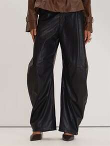 MUSEYN Black PU Barrel Leg Pants Versatile Everyday Casual Fall - Black - View 2
