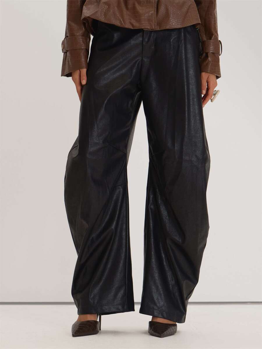 Black PU Barrel Leg Pants Everyday Casual Winter Elegant Halloween Winter Romantic Museyn Feminina - Black - View 1