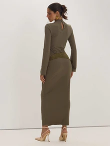 MUSEYN Khaki Jersey Long Sleeve Belt Detail Maxi Dress Winter Elegant Halloween - Olive Green - View 3