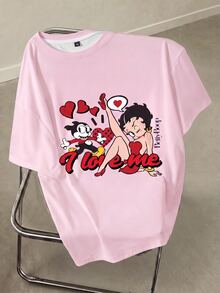Betty Boop x SHEIN Plus Size Women's Letter Cartoon Print Casual Daily Short Sleeve T-Shirt - White - View 1