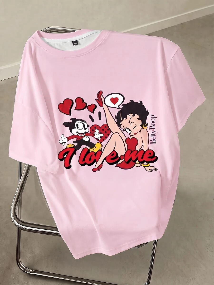 Betty Boop x SHEIN Plus Size Women's Letter Cartoon Print Casual Daily Short Sleeve T-Shirt - White - View 1