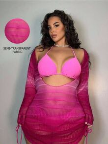 Swim SXY Summer Beach Plus Size Gradient Sheer Cover Up With Drawstring Side Detail - Hot Pink - View 1