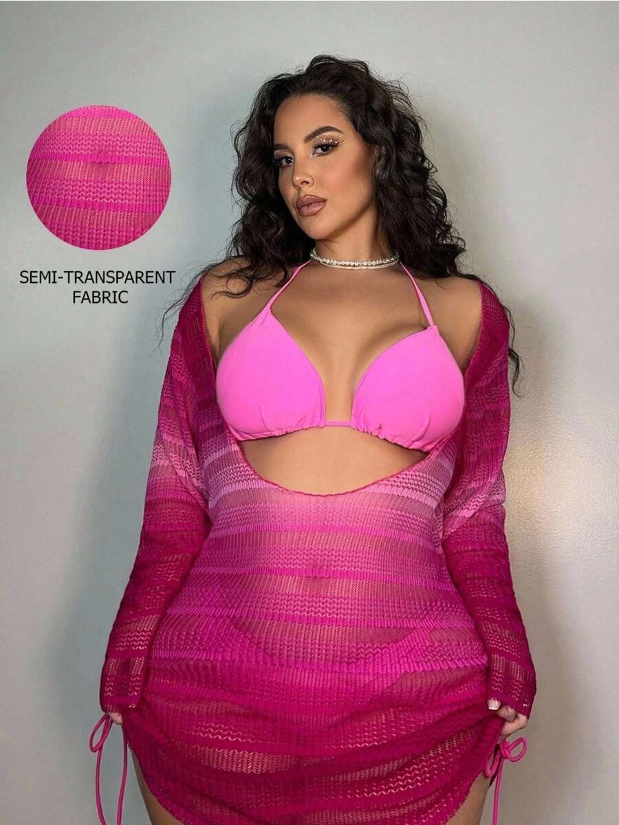 Swim SXY Summer Beach Plus Size Gradient Sheer Cover Up With Drawstring Side Detail - Hot Pink - View 1