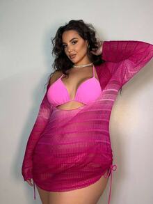 Swim SXY Summer Beach Plus Size Gradient Sheer Cover Up With Drawstring Side Detail - Hot Pink - View 3