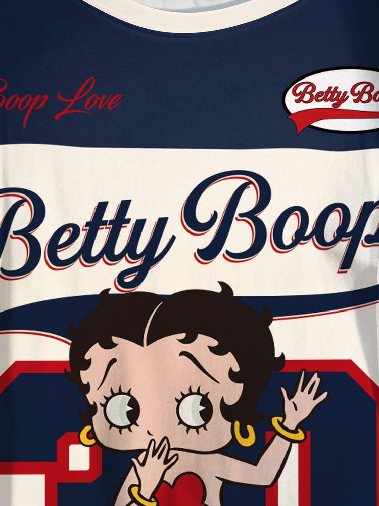 Betty Boop x SHEIN Plus Size Summer Casual Colorblock Cartoon Print T-Shirt - White - View 5