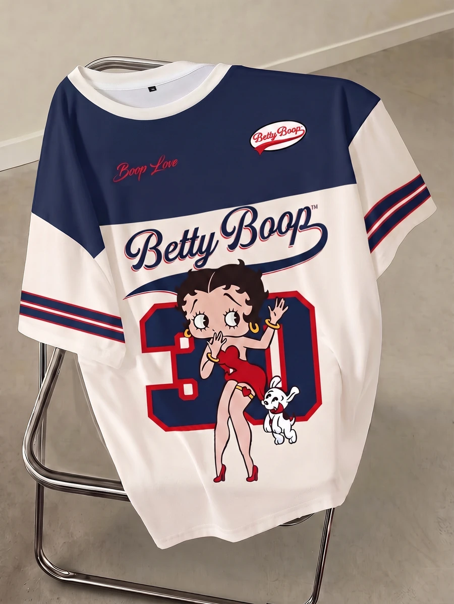 Betty Boop x SHEIN 大尺碼夏季休閒拼色卡通印花T恤 - 白色 - 查看 1