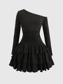 Tween Girls Tween Girl Spring Autumn New Casual Elegant French Style Asymmetric Neck Ruched Patchwork Layered Ruffle Cake Ruched Long Sleeve Dress, Party, Daily Wear, Black Dress - Black - View 2