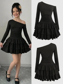 Tween Girls Tween Girl Spring Autumn New Casual Elegant French Style Asymmetric Neck Ruched Patchwork Layered Ruffle Cake Ruched Long Sleeve Dress, Party, Daily Wear, Black Dress - Black - View 1