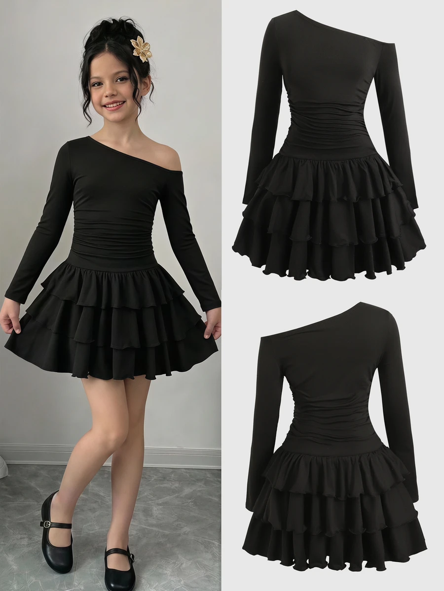 Tween Girls Tween Girl Spring Autumn New Casual Elegant French Style Asymmetric Neck Ruched Patchwork Layered Ruffle Cake Ruched Long Sleeve Dress, Party, Daily Wear, Black Dress - Black - View 1