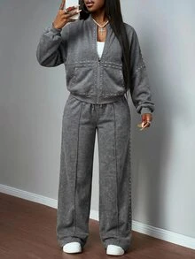 Slaydiva Casual Basic Streetwear Faux Snow-Wash Loose Sweatshirt & Pants Set - A - Dark Grey - View 1