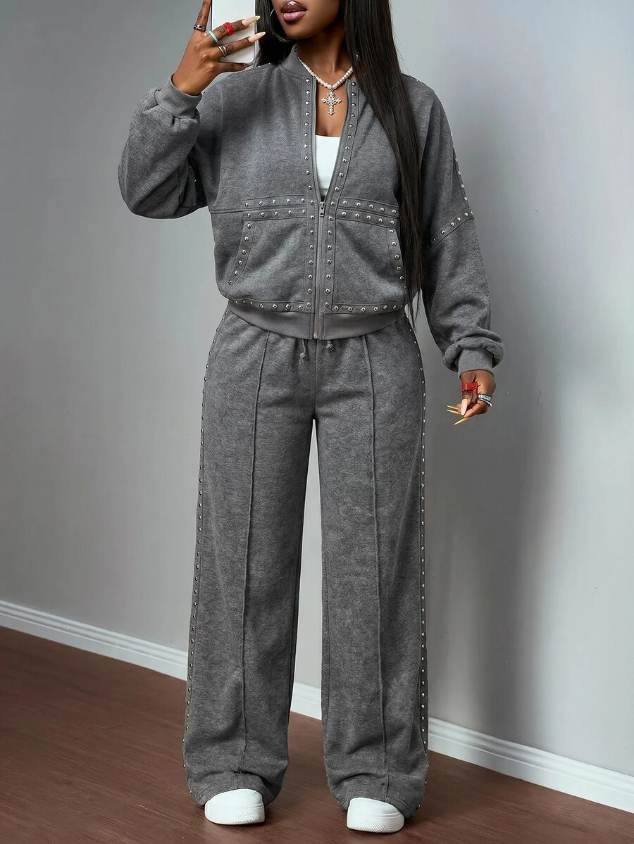 Slaydiva Casual Basic Streetwear Faux Snow-Wash Loose Sweatshirt & Pants Set - A - Dark Grey - View 1