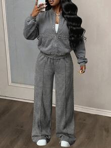 Slaydiva Casual Basic Streetwear Faux Snow-Wash Loose Sweatshirt & Pants Set - A - Dark Grey - View 3