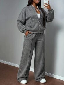 Slaydiva Casual Basic Streetwear Faux Snow-Wash Loose Sweatshirt & Pants Set - A - Dark Grey - View 4