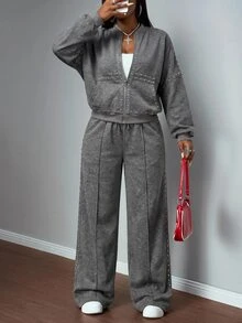 Slaydiva Casual Basic Streetwear Faux Snow-Wash Loose Sweatshirt & Pants Set - A - Dark Grey - View 7