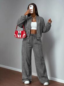 Slaydiva Casual Basic Streetwear Faux Snow-Wash Loose Sweatshirt & Pants Set - A - Dark Grey - View 6