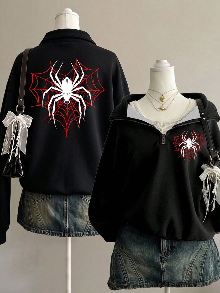 SHEIN Sparklyn Girls Casual Minimalist Heart Spider Web & Black Spider Graphic Half-Zip Drop Shoulder Fleece Sweatshirt, Vintage Black & Dark Red, Street Retro Style, Comfortable & Easy, Kids Autumn Layering, Y2K, Sportswear, Outings, Street Style, Campus, Halloween, Fashion, Y2K - Multicolor - View 1