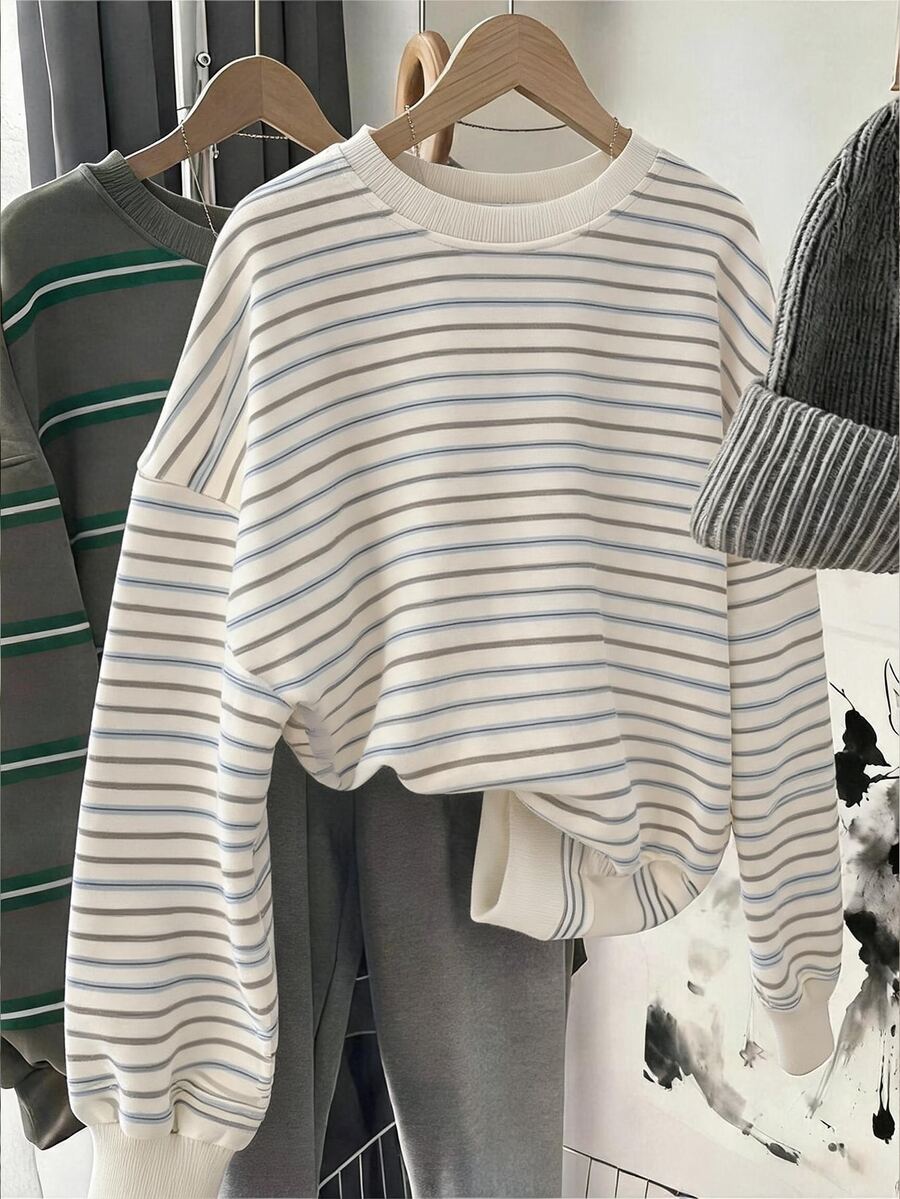 SHEIN LUNE Women's Striped Crew Neck Drop Shoulder Long Sleeve Casual Loose Sweatshirt - White - View 1