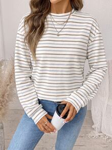 SHEIN LUNE Women's Striped Crew Neck Drop Shoulder Long Sleeve Casual Loose Sweatshirt - White - View 7