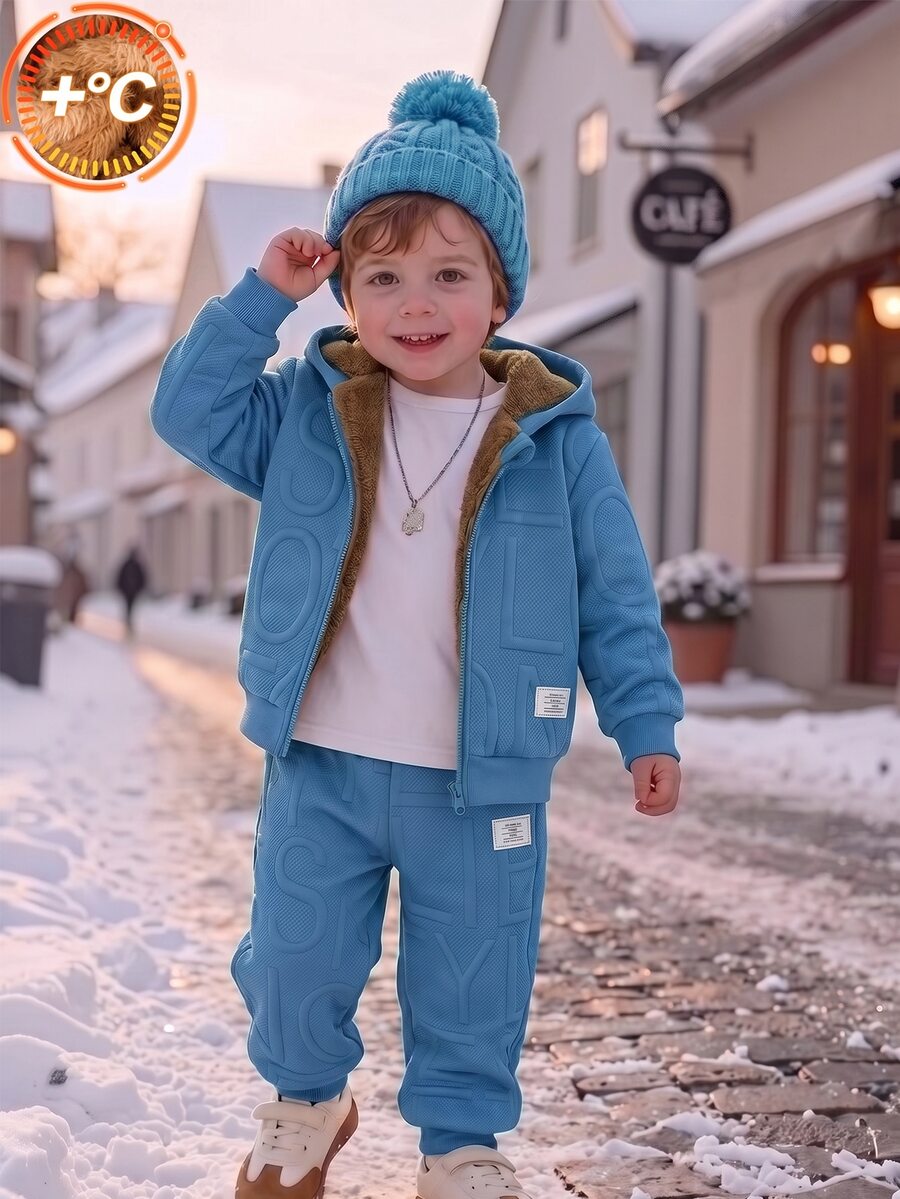 SHEIN Coolqubz 2件組小男孩休閒拼接純色長袖保暖內裡拉鍊外套與長褲套裝,開學季適用,適合秋冬 - 藍色 - 查看 1