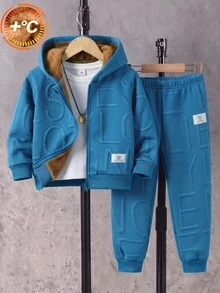 SHEIN Coolqubz 2件組小男孩休閒拼接純色長袖保暖內裡拉鍊外套與長褲套裝，開學季適用，適合秋冬 - 藍色 - 查看 3