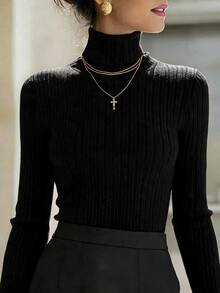 SHEIN Ribbed Knit Thermal Lined Turtleneck Long Sleeve Top, Autumn Basic Top Fall Cloth For Women - Black - View 1