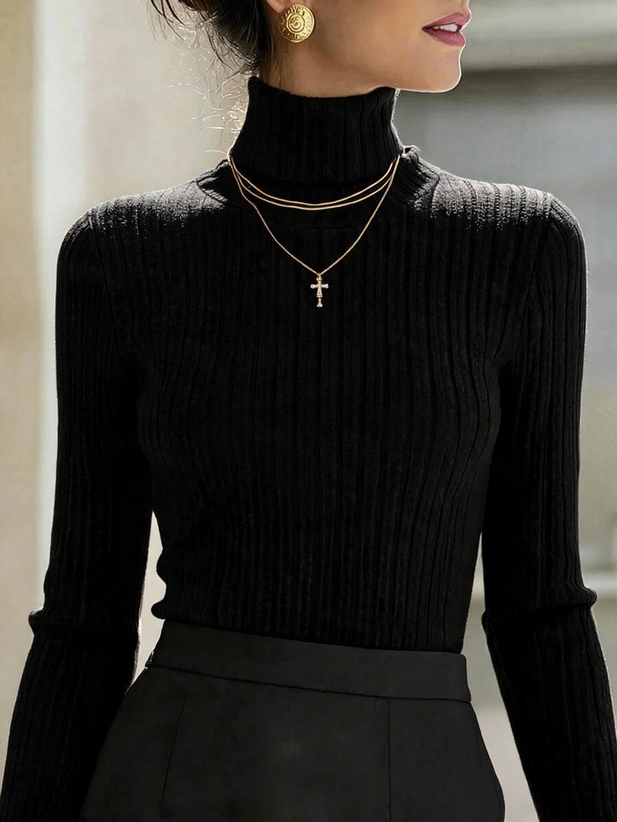 SHEIN Ribbed Knit Thermal Lined Turtleneck Long Sleeve Top, Autumn Basic Top Fall Cloth For Women - Black - View 1