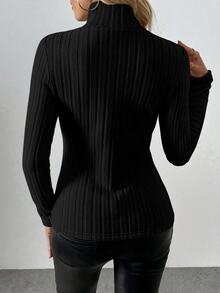 SHEIN Ribbed Knit Thermal Lined Turtleneck Long Sleeve Top, Autumn Basic Top Fall Cloth For Women - Black - View 2