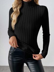 SHEIN Ribbed Knit Thermal Lined Turtleneck Long Sleeve Top, Autumn Basic Top Fall Cloth For Women - Black - View 6