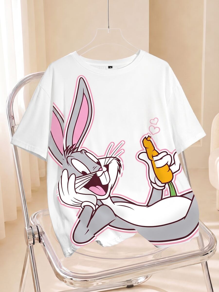 LOONEY TUNES X SHEIN 大尺碼女款卡通印花圓領短袖休閒T恤 - 白色 - 查看 1