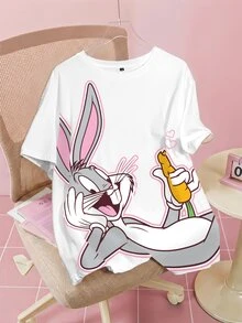 LOONEY TUNES X SHEIN 大尺碼女款卡通印花圓領短袖休閒T恤 - 白色 - 查看 8