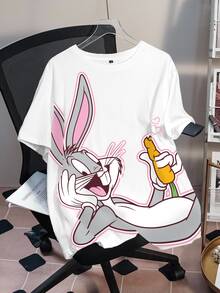 LOONEY TUNES X SHEIN 大尺碼女款卡通印花圓領短袖休閒T恤 - 白色 - 查看 7