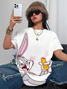 LOONEY TUNES X SHEIN 大尺碼女款卡通印花圓領短袖休閒T恤 - 白色 - 查看 3