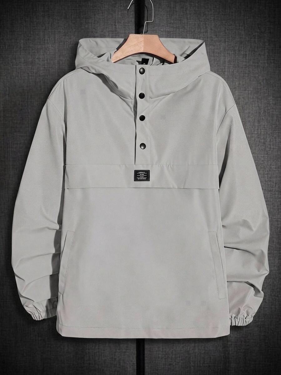 Mainfolk Loose Fit Men's Letter Patch Detail Half Button Hooded Jacket - Grey - View 1