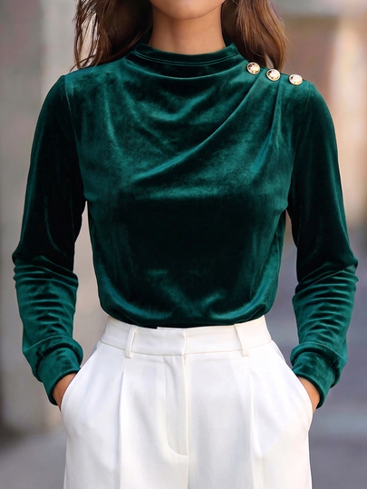 SHEIN Women's Elegant Evening Velvet Small Stand Collar Asymmetric Draped Design Long Sleeve Top, Daily Party Vintage Dark Green Outfit