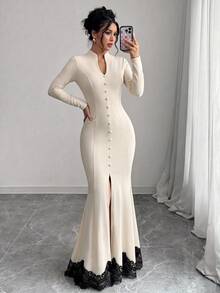 SHEIN Elenzya Women's Lace Patchwork Mermaid Hem Elegant Party Dress - Apricot - View 3