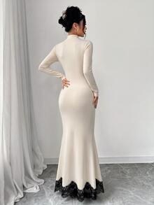 SHEIN Elenzya Women's Lace Patchwork Mermaid Hem Elegant Party Dress - Apricot - View 2