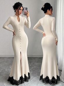 SHEIN Elenzya Women's Lace Patchwork Mermaid Hem Elegant Party Dress - Apricot - View 1