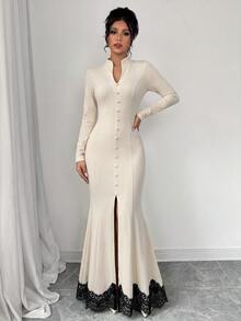SHEIN Elenzya Women's Lace Patchwork Mermaid Hem Elegant Party Dress - Apricot - View 6