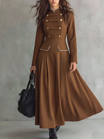 Omancia Women's Button Design Long Sleeve Pleated Hem Elegant Dress