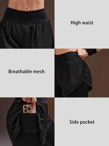 Powerista Legging Olahraga Harian 2 in 1 Warna Polos untuk Wanita - Hitam - View 6