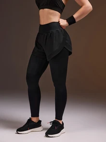 Powerista Legging Olahraga Harian 2 in 1 Warna Polos untuk Wanita - Hitam - View 8