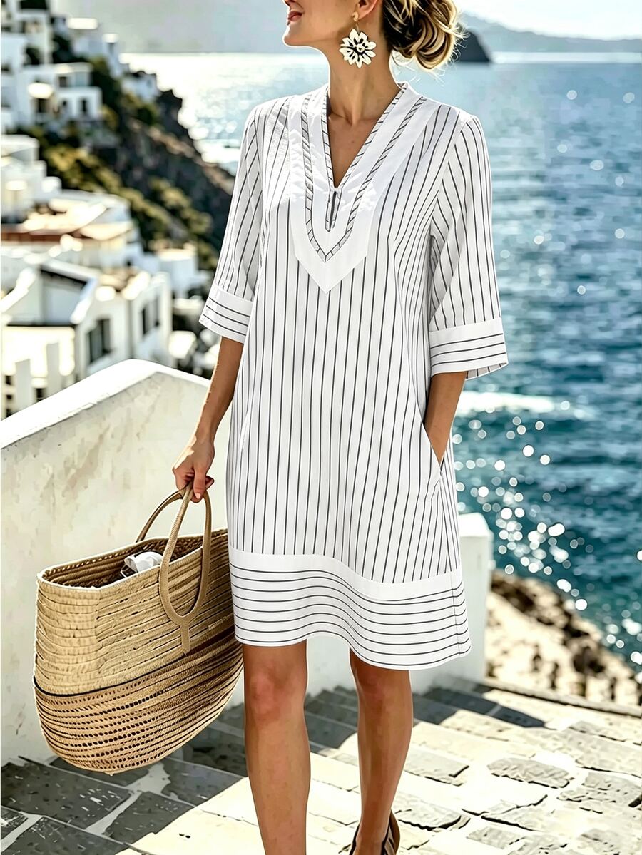 SHEIN Holidaya Women's Long Backless Vacation Dress - Black and White - View 1