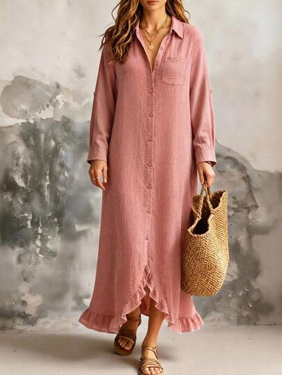 SHEIN LUNE CURVE Women's Plus Size Long Sleeve Shirt Dress, Long Length, Casual Outdoor Dress, Autumn/Winter Dress, Pastoral Style Dress