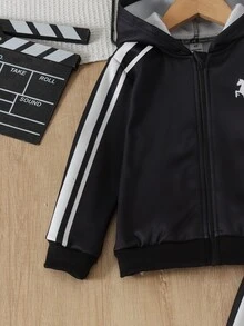 男嬰 2 件套簡約休閒配色條紋馬匹印花連帽拉鍊抓絨內裡運動外套與條紋馬匹印花運動長褲，柔軟套裝，適合外出，秋冬款 - 彩色 - 查看 5
