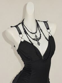 SHEIN ICON Kurzes Slip-Kleid mit metallischer Kette und Rückenausschnitt - Schwarz - Übersicht 7