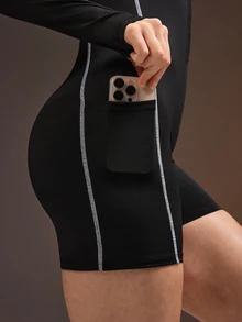 Powerista Women's Autumn And All Black Long Sleeve Backless Fitness Modest Athletic Sporty Romper Sports Romper For Gym Workout With Front Zipper And Thumbholes - Black - View 9