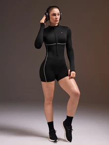 Powerista Women's Autumn And All Black Long Sleeve Backless Fitness Modest Athletic Sporty Romper Sports Romper For Gym Workout With Front Zipper And Thumbholes - Black - View 10