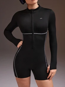 Powerista Women's Autumn And All Black Long Sleeve Backless Fitness Modest Athletic Sporty Romper Sports Romper For Gym Workout With Front Zipper And Thumbholes - Black - View 6