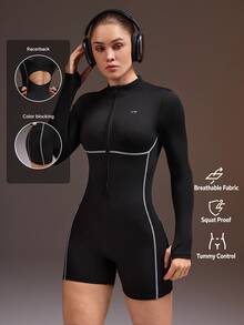 Powerista Women's Autumn And All Black Long Sleeve Backless Fitness Modest Athletic Sporty Romper Sports Romper For Gym Workout With Front Zipper And Thumbholes - Black - View 3