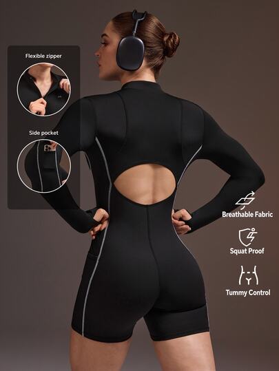 Powerista Women's Summer And Spring Black Long Sleeve Backless Fitness Jumpsuit With Shorts Sports Bodysuit For Gym With Front Zipper And Thumbholes
